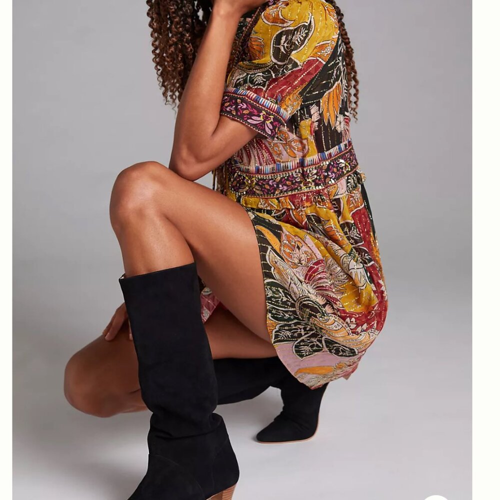 Printed Short Sleeve Mini Dress in Mustard Multi